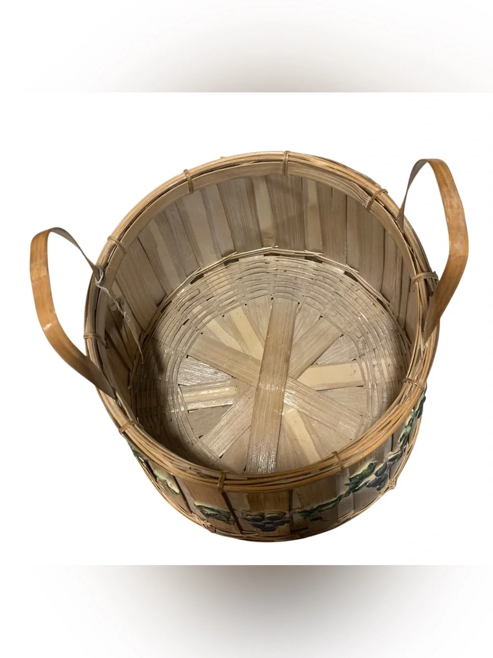 Vintage Bamboo Basket w Raised Gesso Grapevine Double handles Approx 9” T grapes